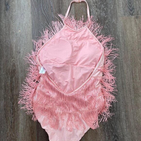 Pink Fringe Halter Bodysuit With Swirl Design Party Dancewear Soft Fabric Adjust - Picture 4 of 9